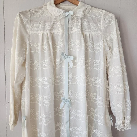 Vintage Odette Barsa Ivory Lace Peignoir Robe 1950s Sheer Blue Ribbon - Picture 2 of 15